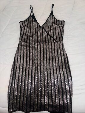 Parisian Works Black and Silver Sequin Striped Slip Dress